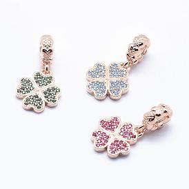 925 европейские подвески из стерлингового серебра, Подвески с большими отверстиями, с кубического циркония, Настоящее розовое золото покрыто, клевер