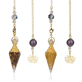 Natural & Synthetic Gemstone Dowsing Pendulum Big Pendants, with Golden Plated Brass Findings, Cone Charm