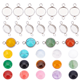 CHGCRAFT DIY Flat Round Stone Pendant Making Kit, Including Natural & Synthetic Mixed Stone Cbochons, 304 Stainless Steel Cabochons Settings