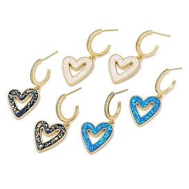 Rack Plating Heart Brass Micro Pave Clear Cubic Zirconia Dangle Stud Earrings, with Synthetic Opal, Cadmium Free & Lead Free, Long-Lasting Plated, Mixed Color