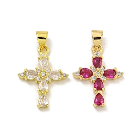 Rack Plating Brass Micro Pave Cubic Zirconia Pendants, Long-Lasting Plated, Real 18K Gold Plated, Lead Free & Cadmium Free, Cross