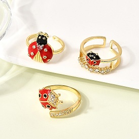 Латунные эмалевые микропаве прозрачные кубические цирконии открытые манжеты кольца для женщин, без кадмия и без свинца, божья коровка