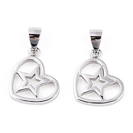 Rhodium Plated 925 Sterling Silver Heart with Star Pendants, Hollow Charms with 925 Stamp