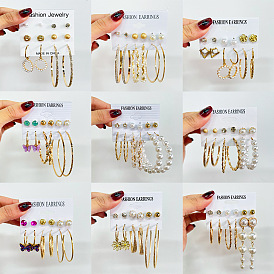 Chic Pearl Earring Set: Butterfly Hoops, Geometric Circles & More (6 Pieces)