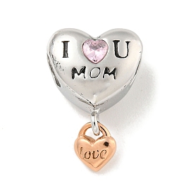 Mother's Day 304 Stainless Steel Rhinestone European Beads, Large Hole Beads, Heart with Word I Love You Mom