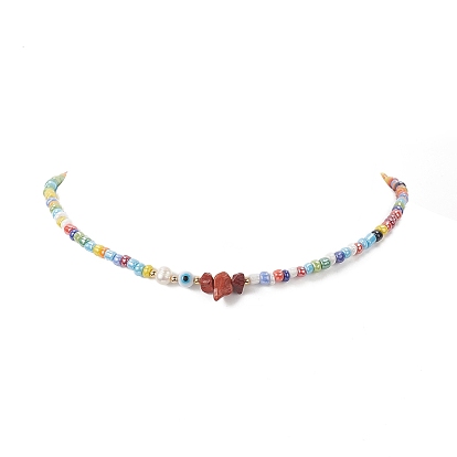 Rainbow Color Glass Beaded Bracelet & Necklace Sets, Natural Cultured Freshwater Pearl & Red Jasper & Handmade Evil Eye Lampwork Beaded Jewelry for Women