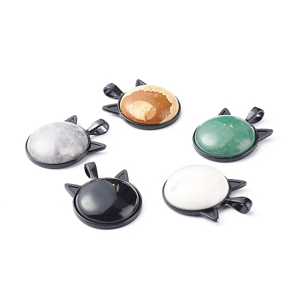 Handmade Natural Mixed Gemstone Pendants, with Gunmetal Alloy Kitten Settings, Cat-shaped