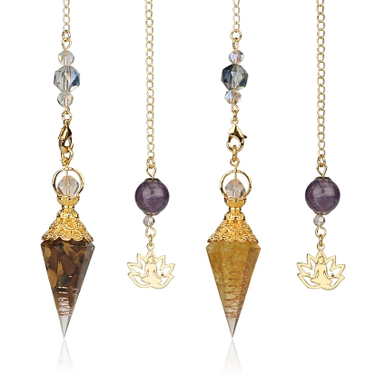Natural & Synthetic Gemstone Dowsing Pendulum Big Pendants, with Golden Plated Brass Findings, Cone Charm