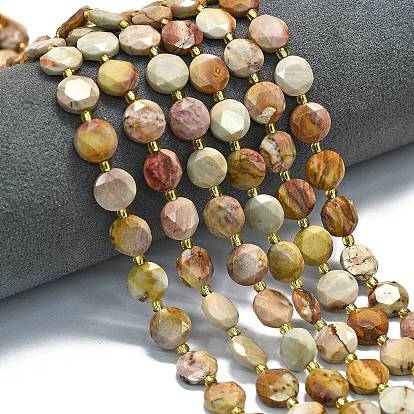 Нити из натуральных африканских агатов, граненый шестиугольный разрез, плоско-круглые, с бисером