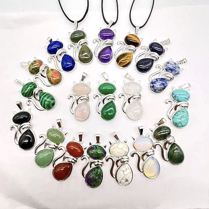 Gemstone Alloy Cat Shape Pendant Necklaces, Platinum