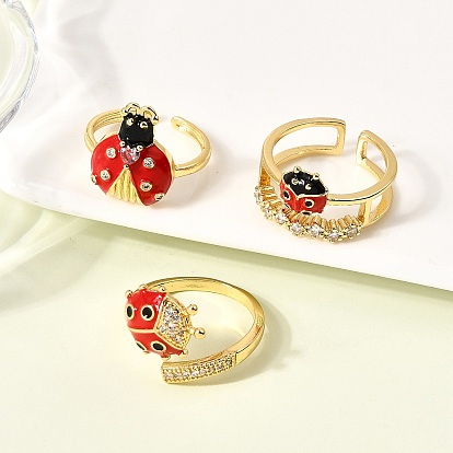 Латунные эмалевые микропаве прозрачные кубические цирконии открытые манжеты кольца для женщин, без кадмия и без свинца, божья коровка