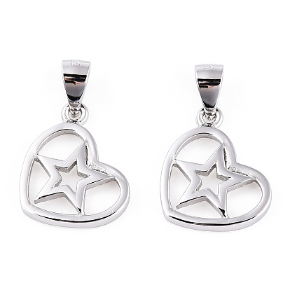 Rhodium Plated 925 Sterling Silver Heart with Star Pendants, Hollow Charms with 925 Stamp