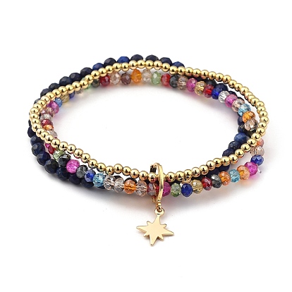 Stretch Bracelets, with Natural Lapis Lazuli(Dyed) Beads, Glass Beads, Brass Beads & Star Pendant, Golden
