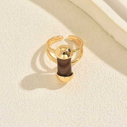 Brass with Natural Agate Cuff Open Rings for Women, Nuggets, Golden
