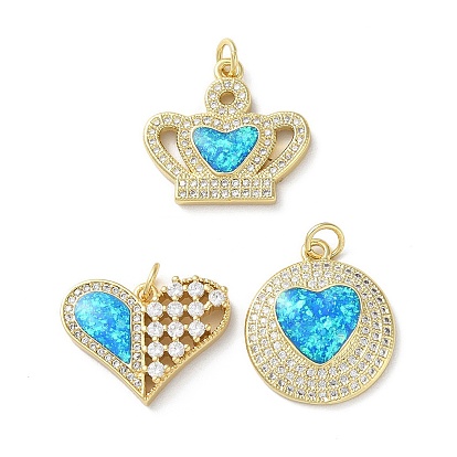 Brass Micro Pave Clear Cubic Zirconia Pendants, Cadmium Free & Lead Free, with Synthetic Opal and Jump Ring, Real 18K Gold Plated