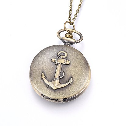 Alloy Pendant Necklace Quartz Pocket Watch, with Iron Chains and Lobster Claw Clasps, Flat Round with Anchor