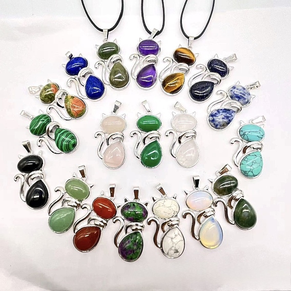 Collares con colgantes en forma de gato de aleación de piedras preciosas, Platino