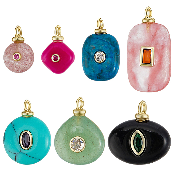 7Pcs 7 Styles Natural & Synthetic Mixed Gemstone Pendants, Mixed Shapes, with Brass Micro Pave Cubic Zirconia Findings, Cadmium Free & Lead Free, Rack Plating, Mixed Dyed and Undyed