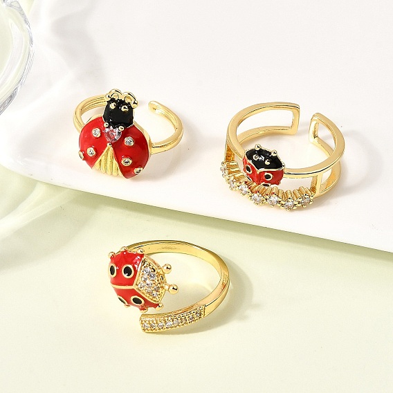 Латунные эмалевые микропаве прозрачные кубические цирконии открытые манжеты кольца для женщин, без кадмия и без свинца, божья коровка
