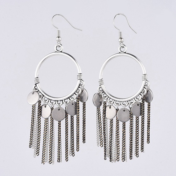 Dangle Earrings, with 304 Stainless Steel Stamping Blank Tag Pendants, Electroplate Brass Twisted Chains and Brass Earring Hooks