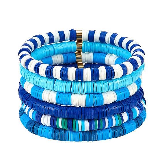 Handgemachte Heishi-Perlen aus Fimo-Stretch-Armbänder-Sets, mit vergoldeten Edelstahl-Abstandsperlen