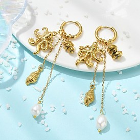 304 из нержавеющей стали болтаться серьги, с натуральным культивированным пресноводным жемчугом, гальванизированные немагнитные бусины из синтетического гематита и 202 серьги-кольца из нержавеющей стали, золотые