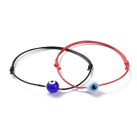 Adjustable Korean Waxed Polyester Cord Bracelets, with Handmade Lampwork Evil Eye Round Beads and Brass Crimp Beads