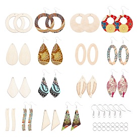 SUNNYCLUE DIY Earrings Kits, with Undyed Wooden Pendants, Silver Plated Brass Jump Rings & Earring Hooks, Mixed Shapes