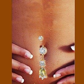 Piercing Jewelry, Brass Cubic Zirconia Navel Ring, Belly Rings, with 304 Stainless Steel Bar, Cadmium Free & Lead Free, Drop