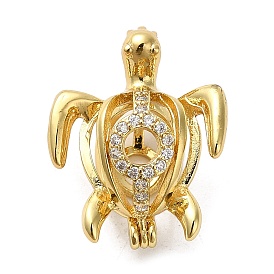 Rack Plating Brass Micro Pave Clear Cubic Zirconia Bead Cage Pendants, Turtle, Long-Lasting Plated, Lead Free & Cadmium Free
