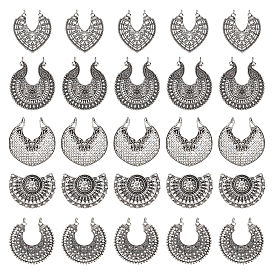30Pcs 5 Style Heart & Fan & Moon Tibetan Style Pendants, DIY Earring Finding