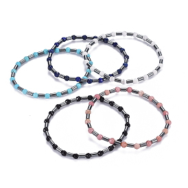 Faceted Gemstone Beads Stretch Bracelets, with Non-Magnetic Synthetic Hematite Column Beads