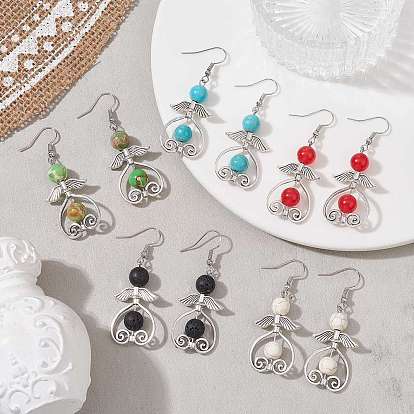 Natural & Synthetic Mixed Gemstone Round Beaded Dangle Earrings, Antique Silver Alloy Heart Fairy Drop Earrings