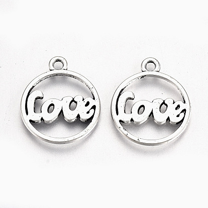 Tibetan Style Alloy Pendants, Lead Free & Cadmium Free, for Valentine's Day, Flat Round with Word Love