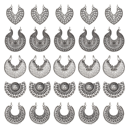 30Pcs 5 Style Heart & Fan & Moon Tibetan Style Pendants, DIY Earring Finding