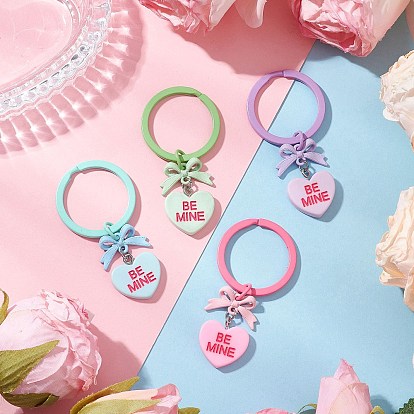 Брелки из смолы, с окрашенными распылением звеньями-бантиками из сплава и окрашенными распылением разъемными железными кольцами для ключей, сердце, будь моим