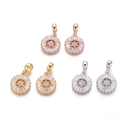 Brass Micro Pave Clear Cubic Zirconia European Dangle Charms, Large Hole Pendants, for Jewish, Flat Round with Star of David