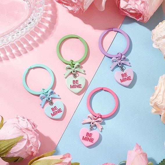 Брелки из смолы, с окрашенными распылением звеньями-бантиками из сплава и окрашенными распылением разъемными железными кольцами для ключей, сердце, будь моим