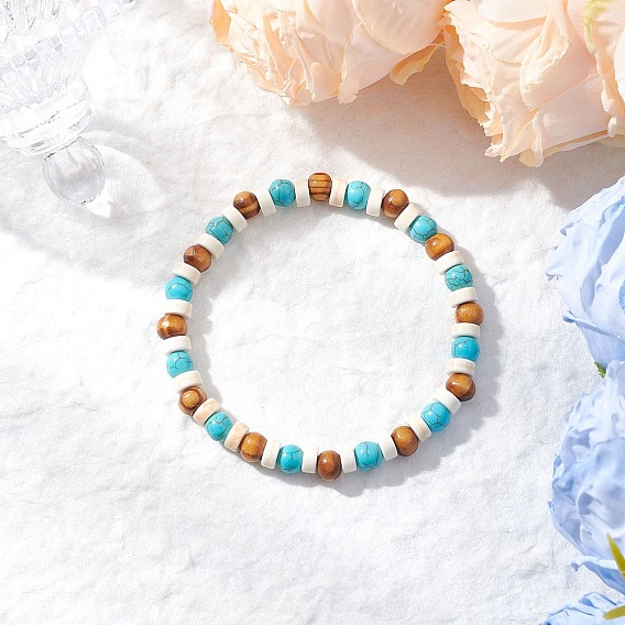 Синтетическая бирюза и круглые деревянные бусины, эластичные браслеты для мужчин и женщин