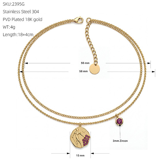 304 Stainless Steel Pave Deep Pink Cubic Zirconia Charm 2-Strand Bracelets, Flat Round with Embossed Human