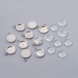 DIY Pendant Making, 304 Stainless Steel Pendant Cabochon Settings and Glass Cabochons, Half Round, Clear