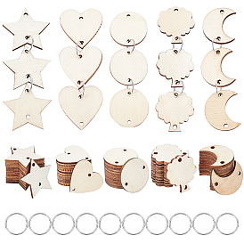 200pcs 5 styles de découpes en bois brut ornements, avec des anneaux de fer de 200pcs, arbre & lune & coeur & plat rond & étoile, pour accrocher la décoration, artisanat bricolage fournitures de fête