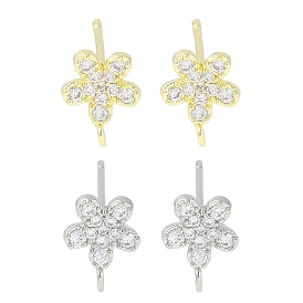 Brass Pave Clear Cubic Zirconia Stud Earring Findings, with Loop, Flower