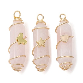 3Pcs 3 Styles Natural Gemstone Copper Wire Wrapped Pointed Pendants, Faceted Bullet Charms with Golden Tone Brass Heart & Star & Butterfly Beads
