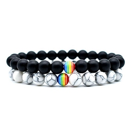 Natural & Synthetic Mixed Gemstone Round Beaded Stretch Bracelet, Rainbow Pride Flag Bracelet