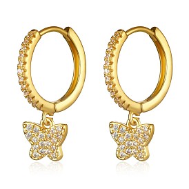 Clear Cubic Zirconia Butterfly Dangle Hoop Earrings, Brass Jewelry for Women