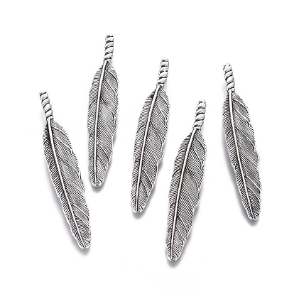 Тибетский стиль сплава большие кулоны перо, без кадмия и без свинца, 80x14x7 мм, отверстия : 6x3 mm , 151 шт / 1000 г