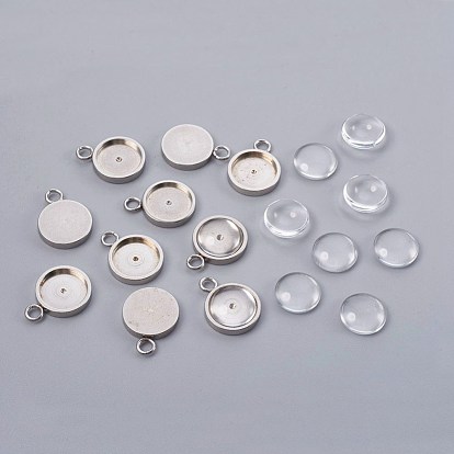 DIY Pendant Making, 304 Stainless Steel Pendant Cabochon Settings and Glass Cabochons, Half Round, Clear