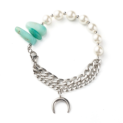 Natural Amazonite & Shell Pearl Beaded Bracelet for Girl Women, Moon Charm Bracelet, 304 Stainless Steel Cuban Link Bracelet