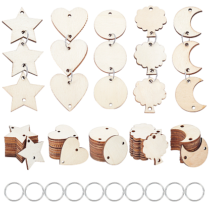 200pcs 5 styles de découpes en bois brut ornements, avec des anneaux de fer de 200pcs, arbre & lune & coeur & plat rond & étoile, pour accrocher la décoration, artisanat bricolage fournitures de fête